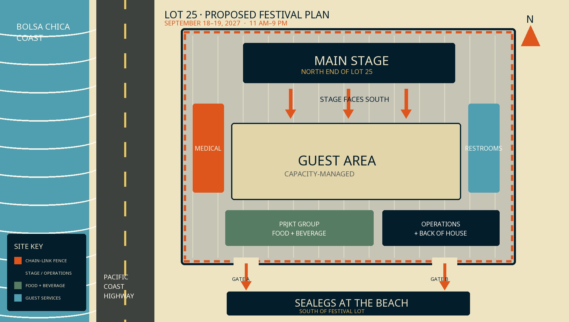 Proposed PCH Fest site plan in Bolsa Chica Lot 25 north of SeaLegs, with the stage at the north end facing south