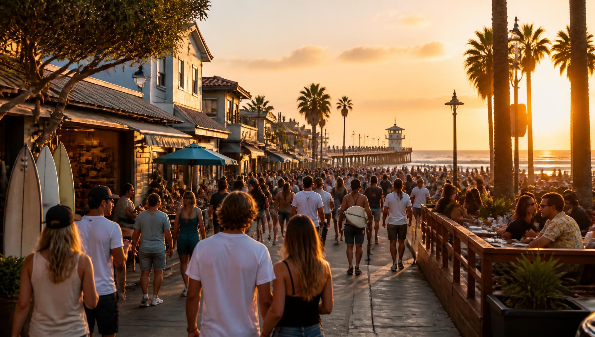 Concept rendering of a lively Huntington Beach main street during a festival weekend